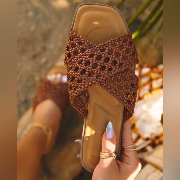 Tan Criss Cross Woven Sandals - Picture 1 of 6